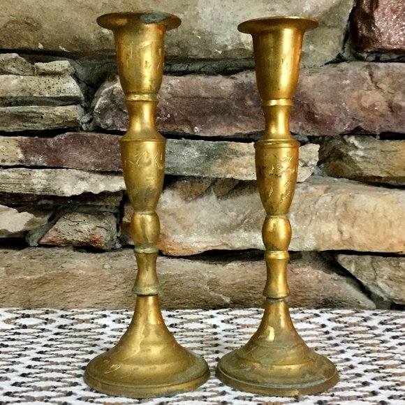 Great Vintage Boho Bohemian Pair of Etched Brass Candlestick Holders Candle Holders Made in India Set of Two